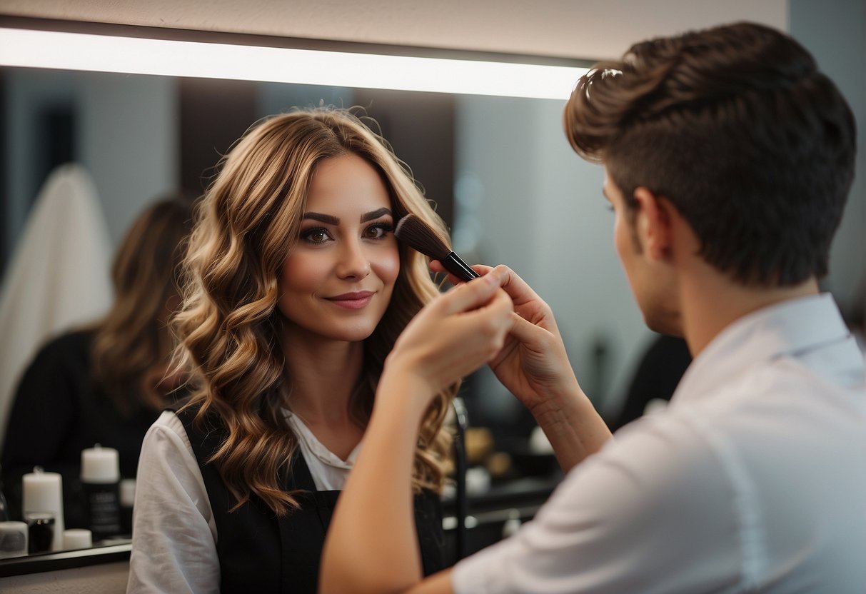 A person applying hair dye, using a brush and a mirror