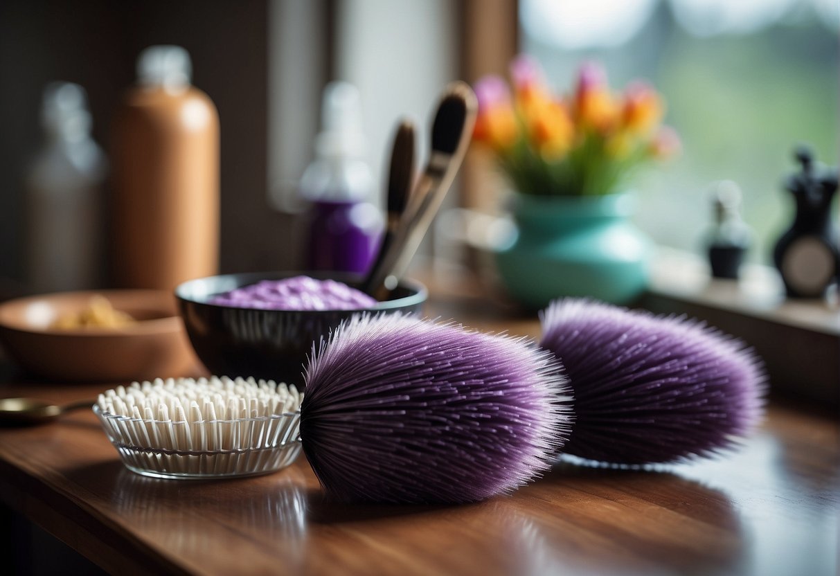 A table with hair dye, gloves, brush, and mixing bowl. Mirror in the background