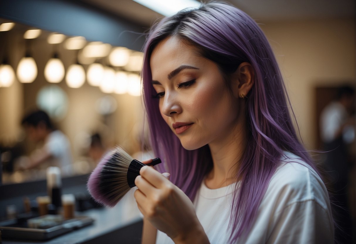 A person applying hair dye with a brush, mixing and spreading the color evenly