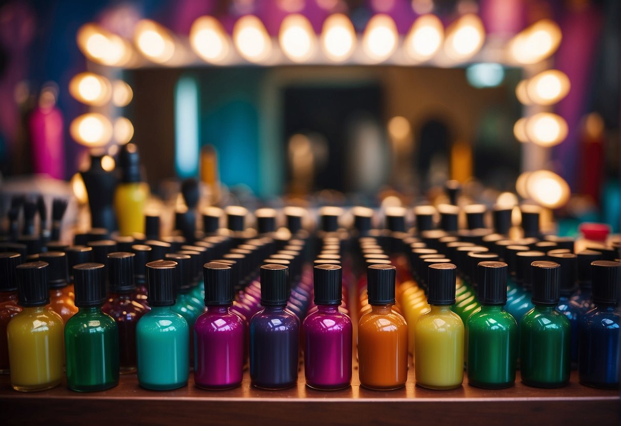 A colorful array of hair dye bottles and brushes arranged on a table, with a mirror and a model's head in the background