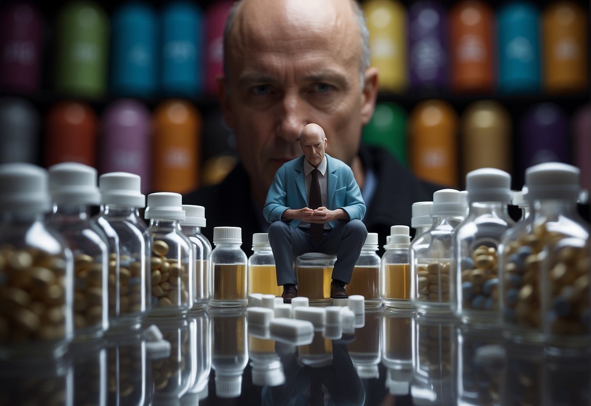A balding figure surrounded by empty chemotherapy medication vials