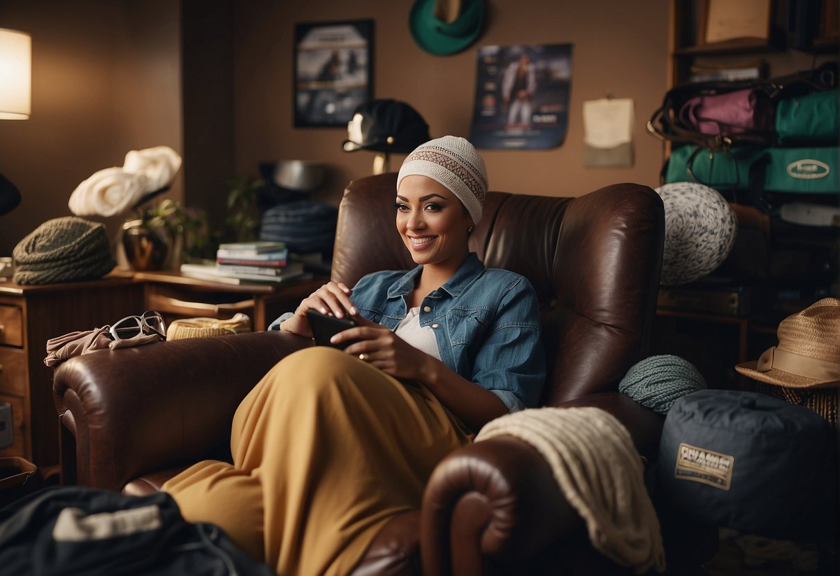A person sitting in a chair surrounded by various options and resources, such as hats, scarves, and wigs, while their hair falls out during chemotherapy