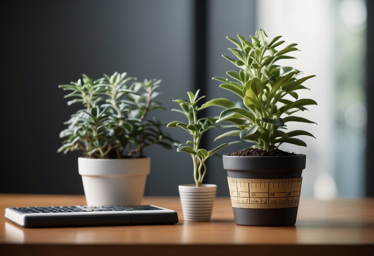 A potted plant with a ruler beside it, showing growth over a year