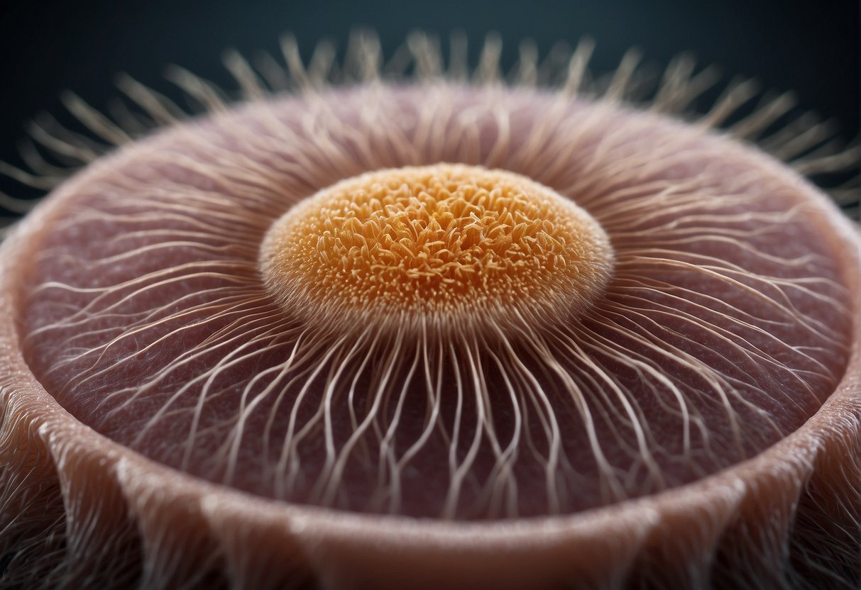 A magnified view of a hair follicle showing the growth process over a year. Visible factors influencing hair growth such as blood supply, nutrition, and hormonal balance