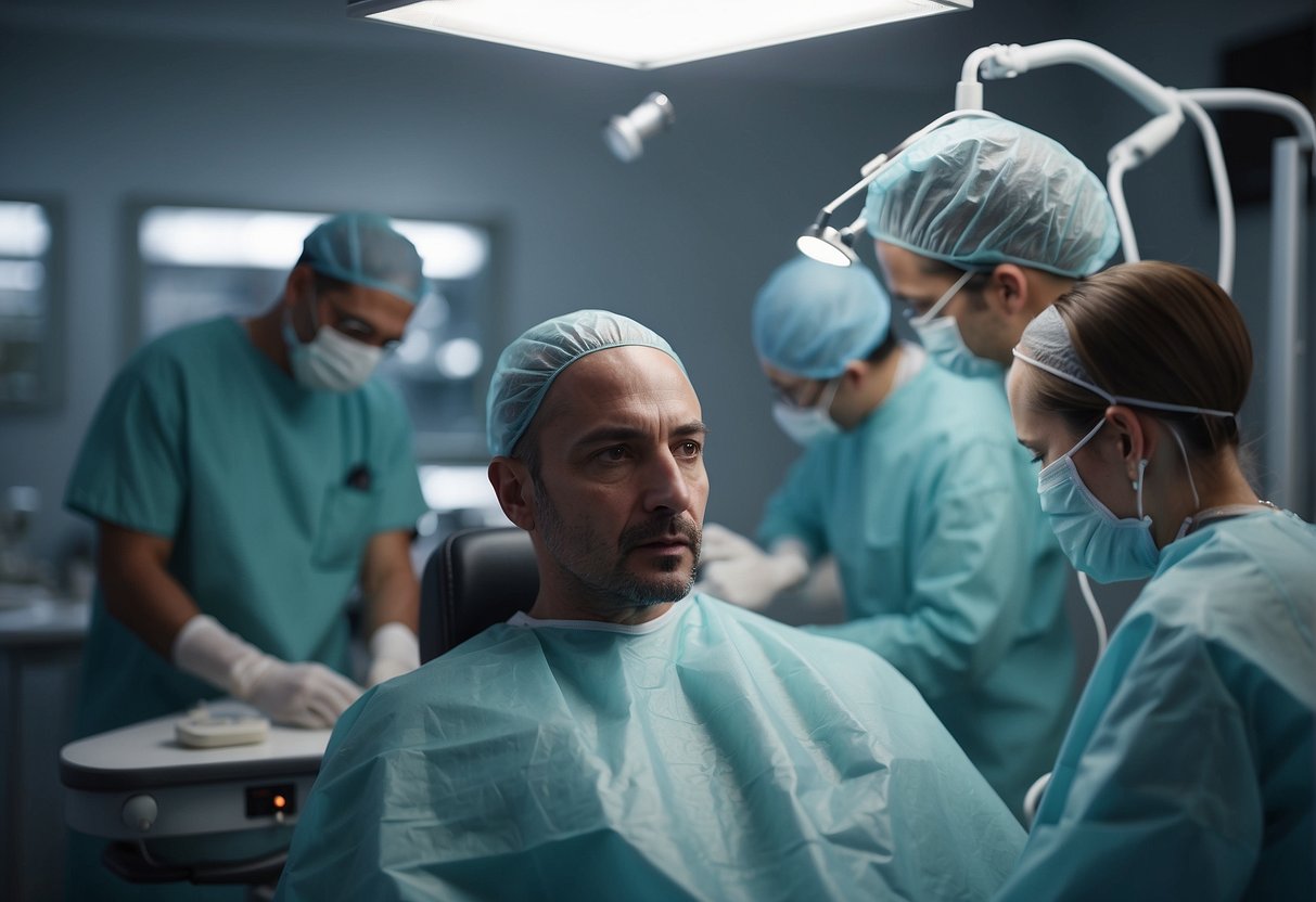 A doctor performing a hair transplant surgery in a well-lit operating room with medical tools and equipment surrounding the patient's head