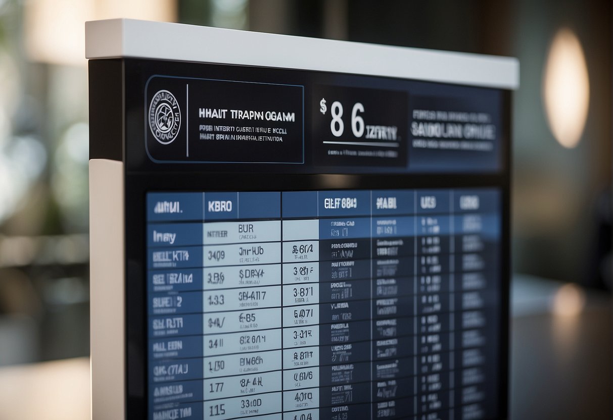 A price list for hair transplants displayed with a logo and contact information