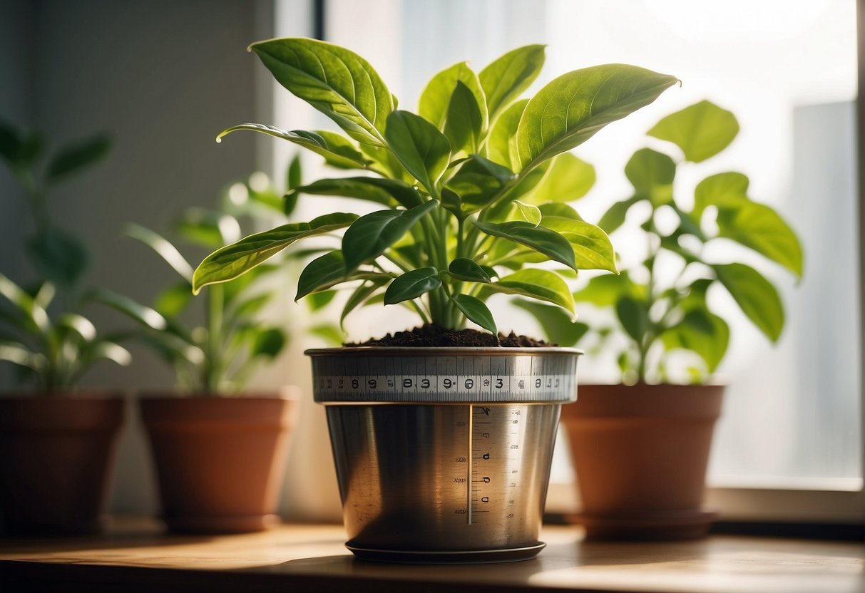 A plant growing in a pot with a ruler measuring its height. Sunlight, water, and nutrients nearby