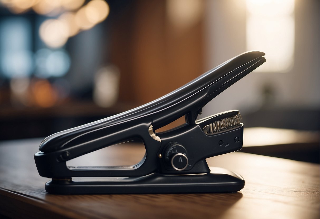 A flat iron clamping down on a section of hair, creating smooth, flowing waves