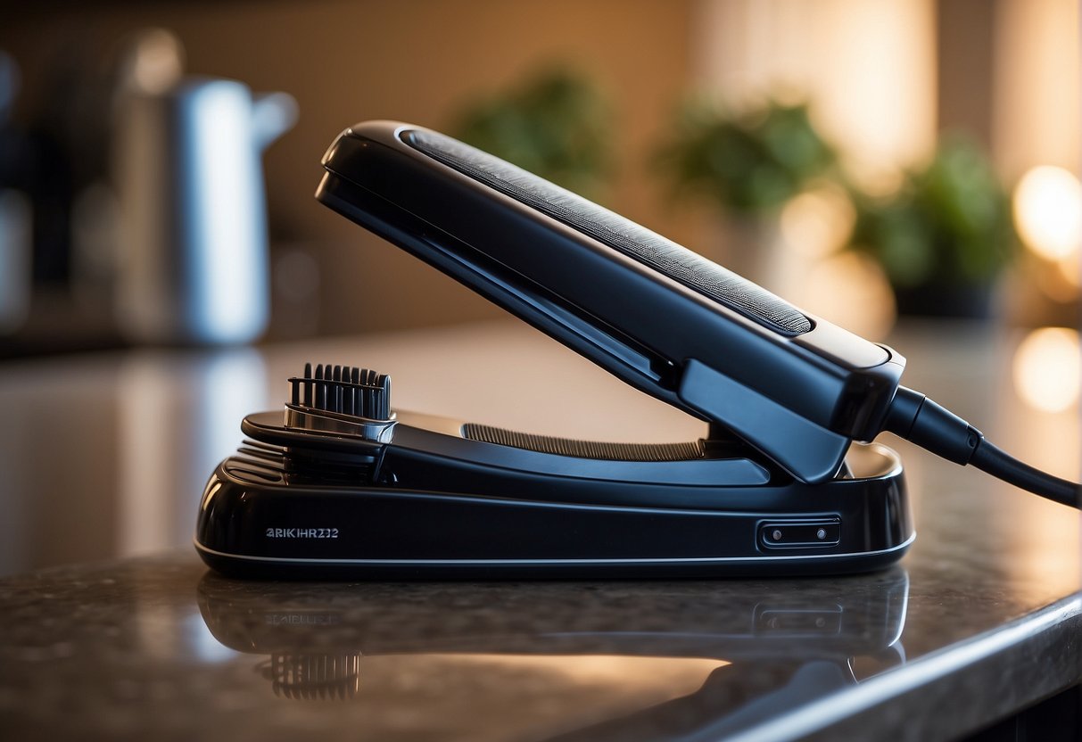 A hair straightener creating waves in hair. Heat, tension, and movement evident