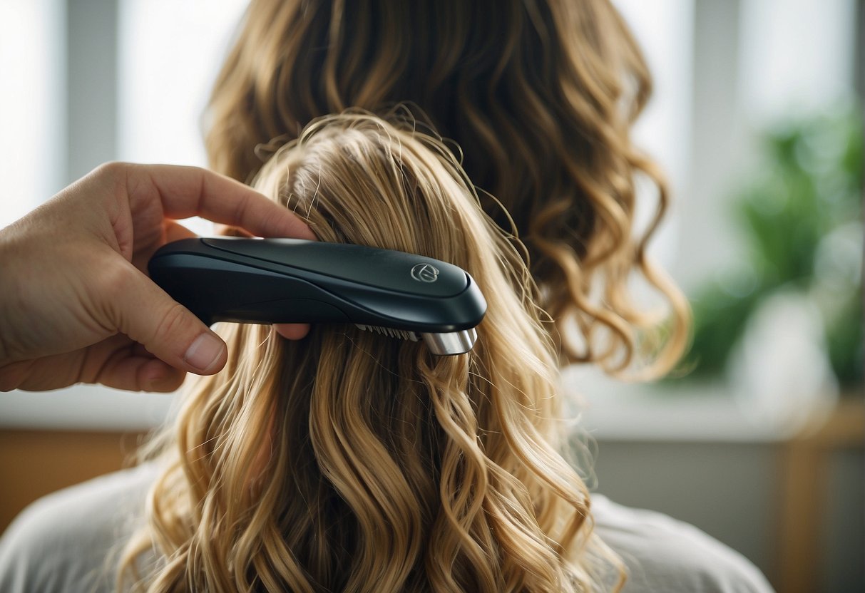 A flat iron creating waves in hair, with strands being clamped and twisted to form loose, beachy waves