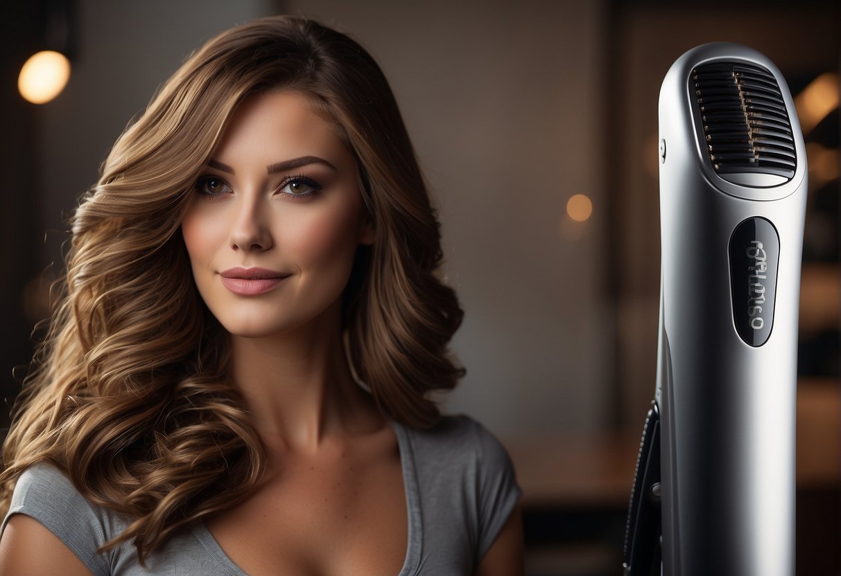 A flat iron creating waves in hair, with FAQ text in background