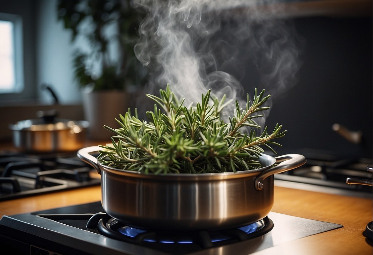A small pot simmers with fresh rosemary sprigs in water on a stovetop. A faint herbal aroma fills the air
