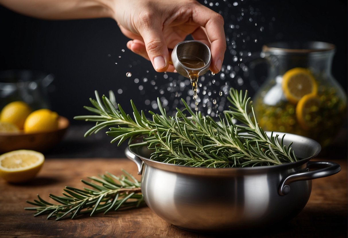 A hand pours fresh rosemary into a pot of boiling water, creating aromatic rosemary water for hair care