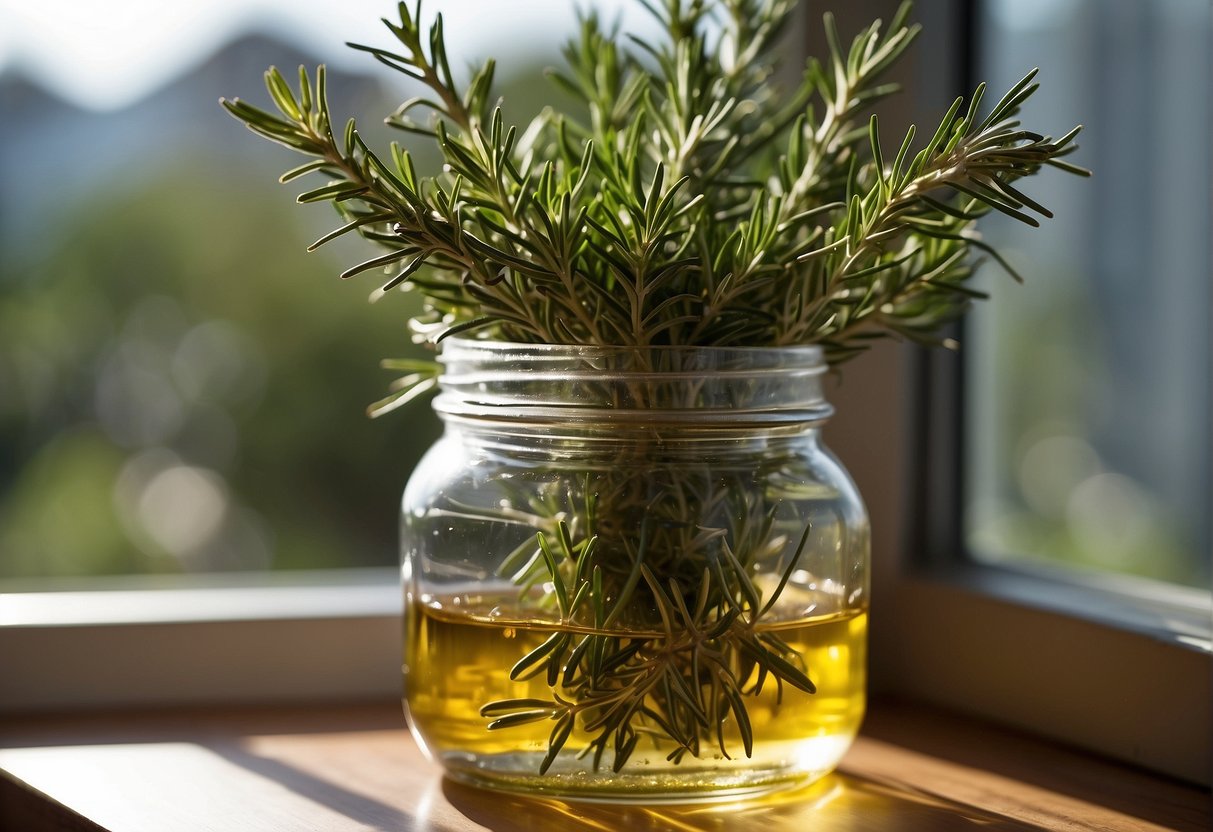 A glass jar filled with fresh rosemary sprigs steeping in a mixture of water and oil, sitting on a sunny windowsill