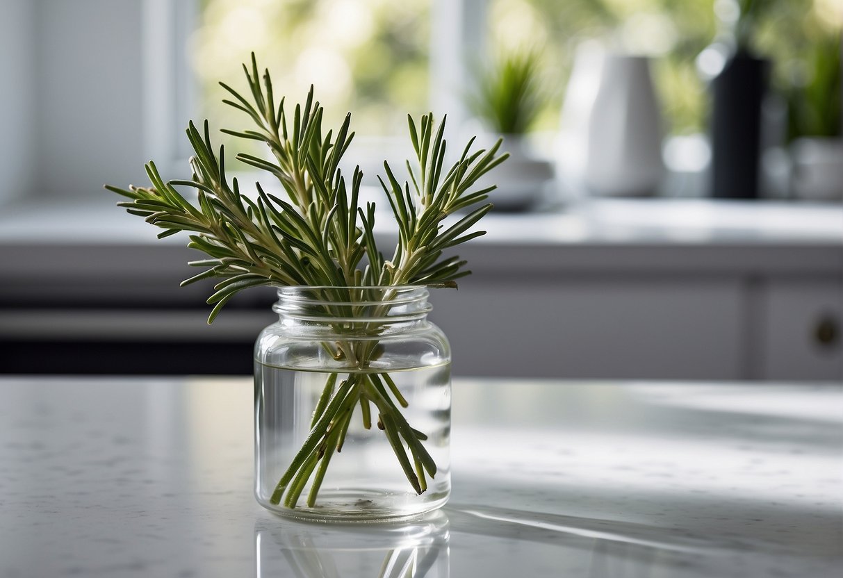 A clear glass bottle filled with water and sprigs of fresh rosemary, sitting on a clean white countertop