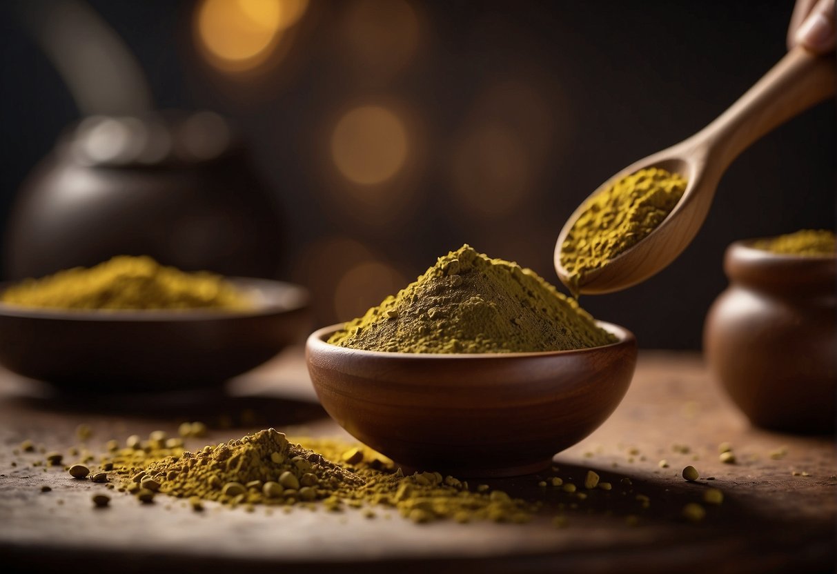 A small bowl of henna powder is being mixed with warm water to create a smooth paste. A wooden spoon is used to stir the mixture until it reaches a thick, creamy consistency