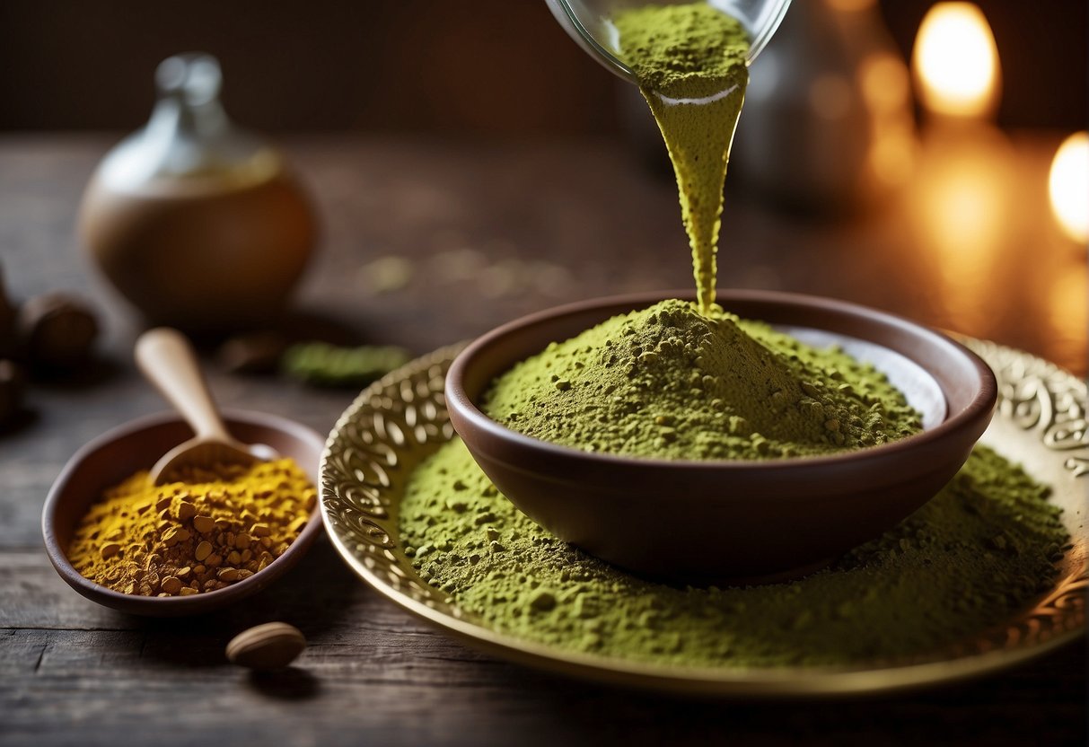 A table with henna powder, a mixing bowl, and a spoon. Water is being poured into the bowl to create a thick paste