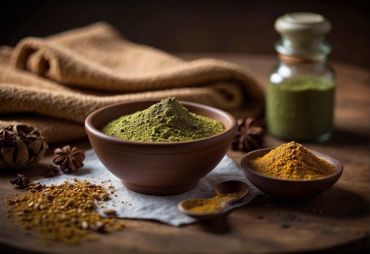 A table with henna powder, a mixing bowl, and a spoon. A bottle of warm water and a towel nearby. Instructions on a piece of paper