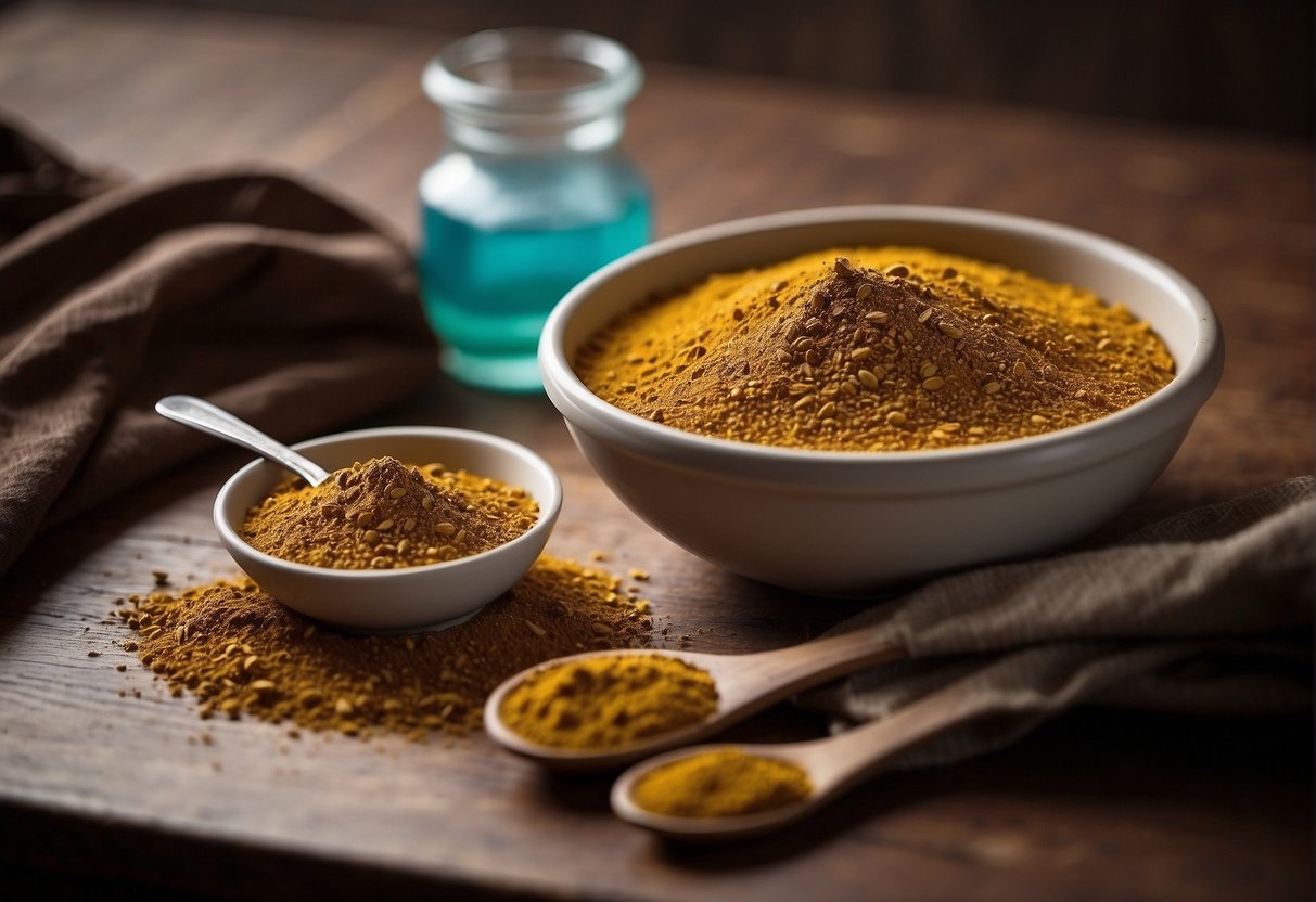 A table with henna powder, a mixing bowl, and a spoon. A bottle of water and a pair of gloves nearby