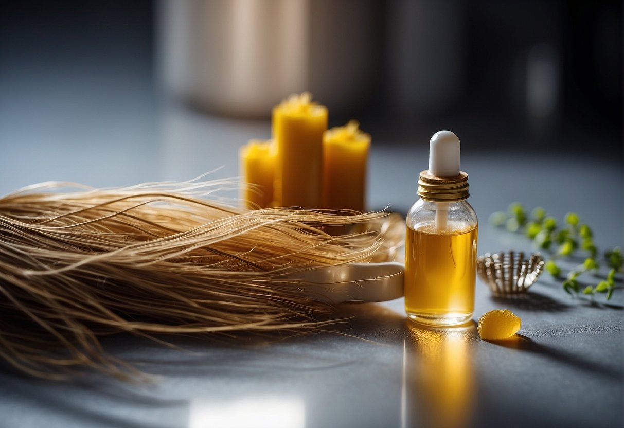 A person using a hair growth serum, surrounded by healthy hair strands and vibrant, nourishing ingredients