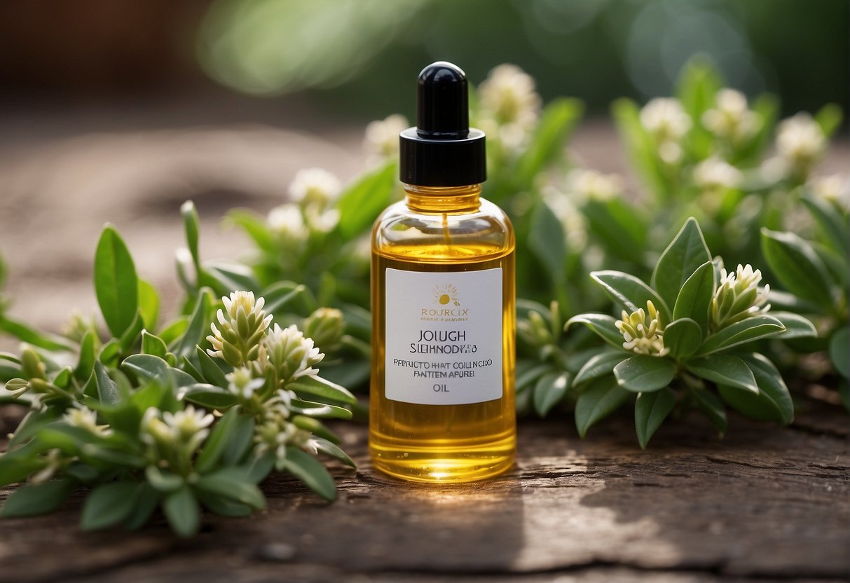 A bottle of nourishing hair oil surrounded by vibrant, healthy-looking plants and flowers