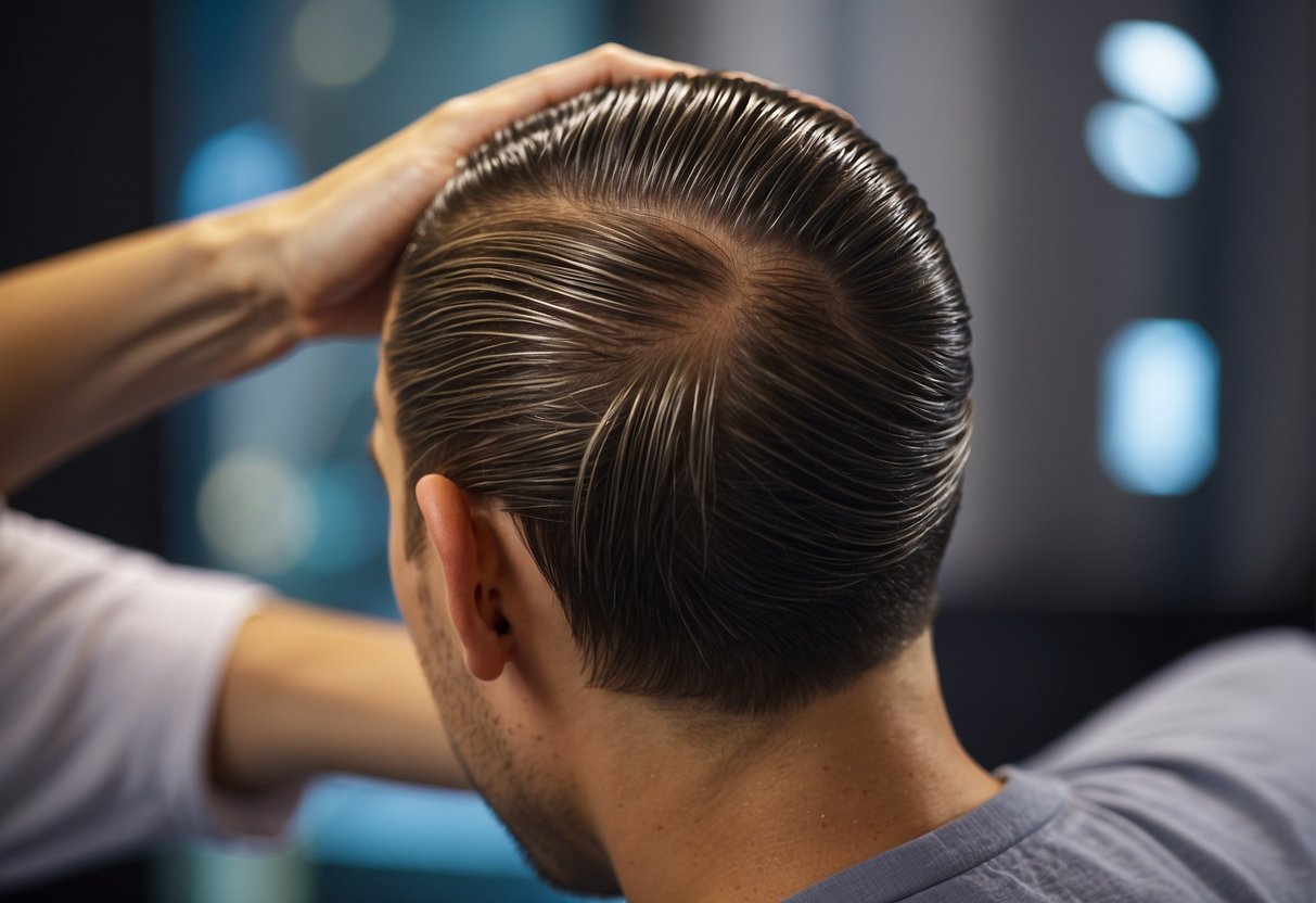 A person applying hair growth treatments to their scalp. Various factors and specific treatments for increasing hair volume are displayed around them