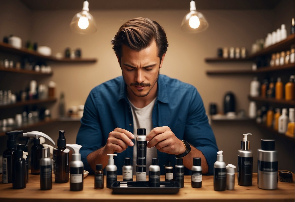 A person applying hair growth products surrounded by bottles and hair care items