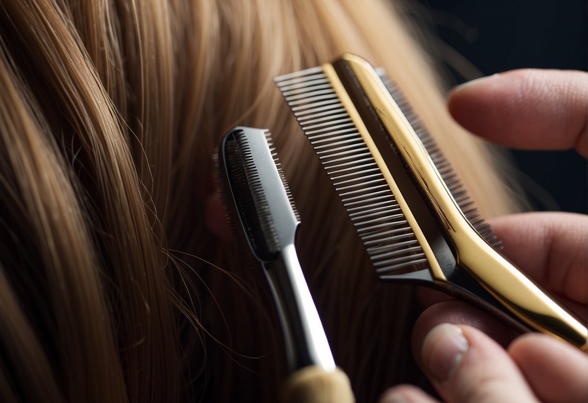 A close-up of hair being textured with a comb or brush, creating depth and dimension in the strands