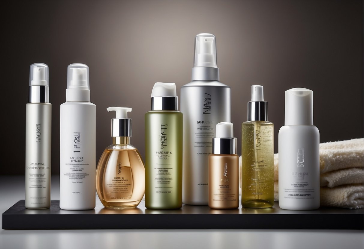 A close-up of various hair care products arranged on a clean, white surface, with soft lighting highlighting the textures and details of each item