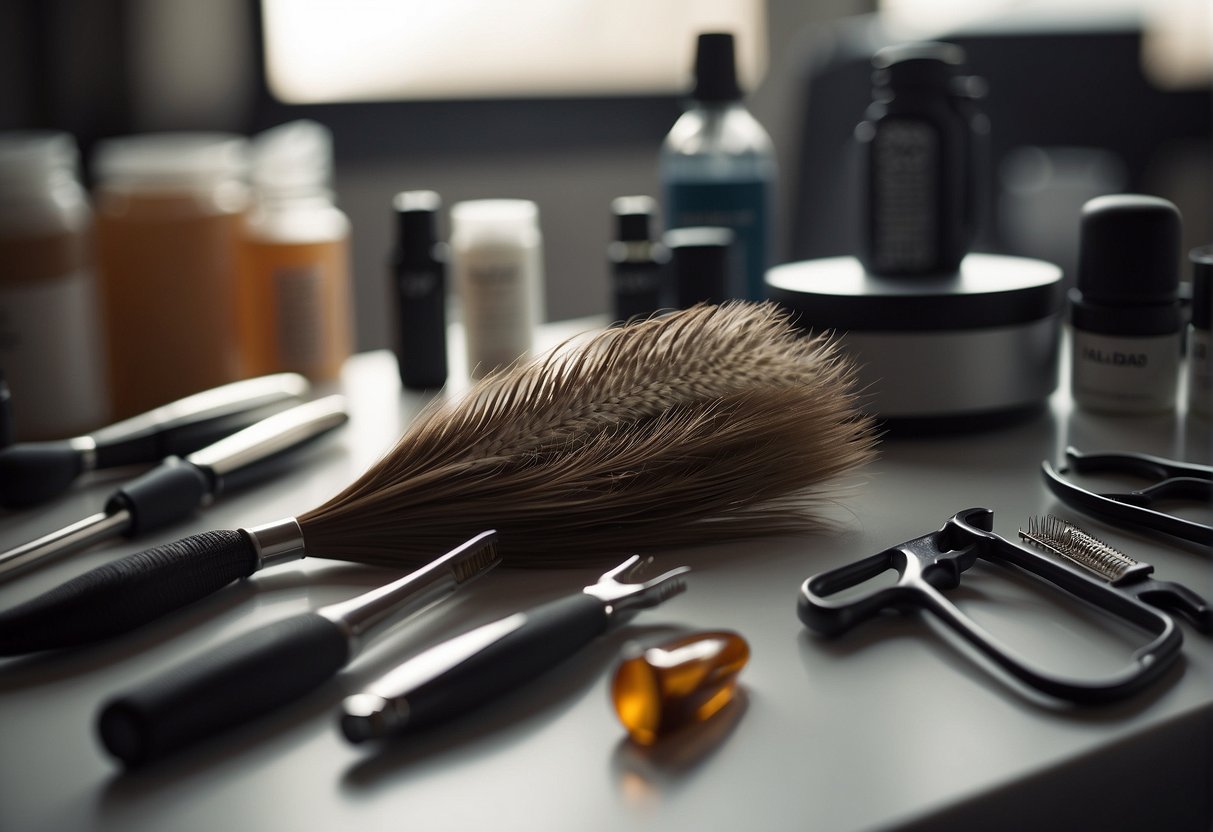 A hair texture tutorial with various tools and techniques laid out on a clean, well-lit workspace