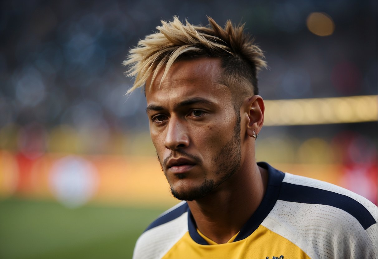 Neymar's hair is styled in a voluminous, tousled manner, with highlights and a slight wave