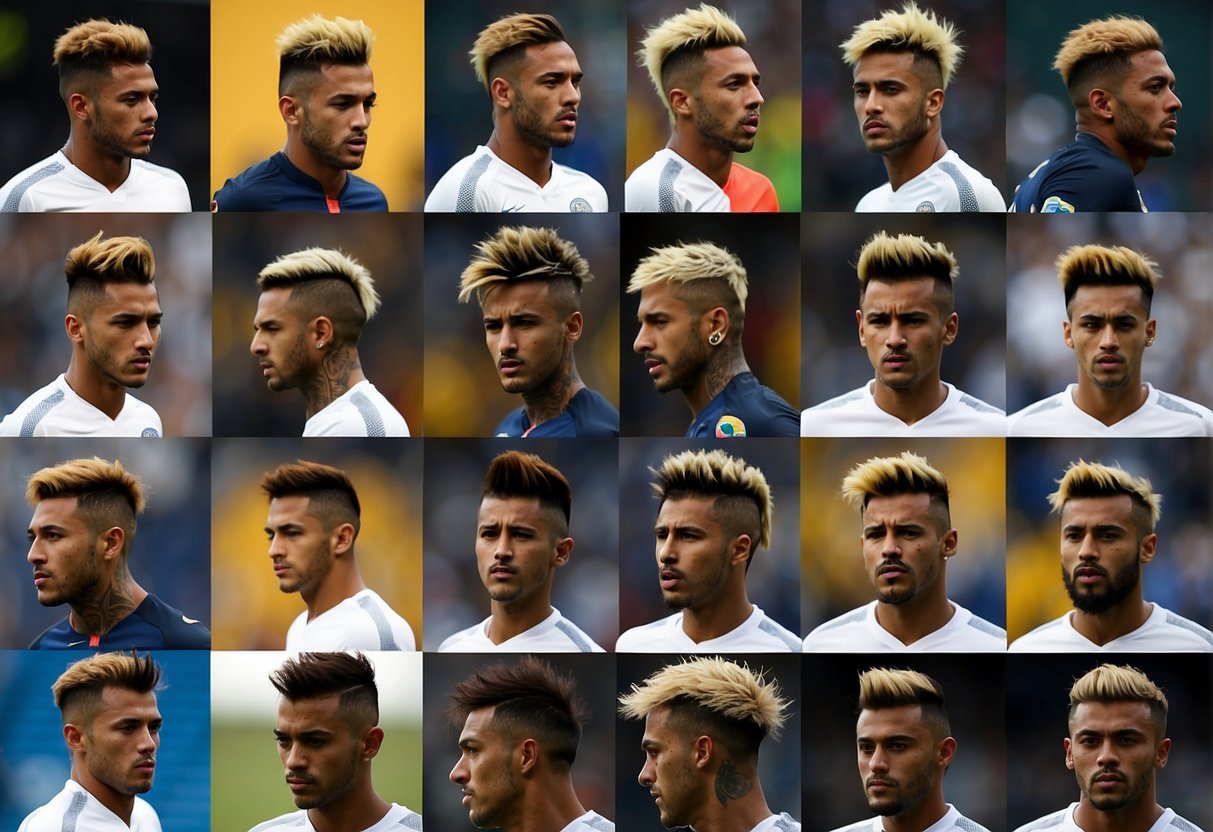 Neymar's hair in various styles and transformations, showcasing his iconic looks