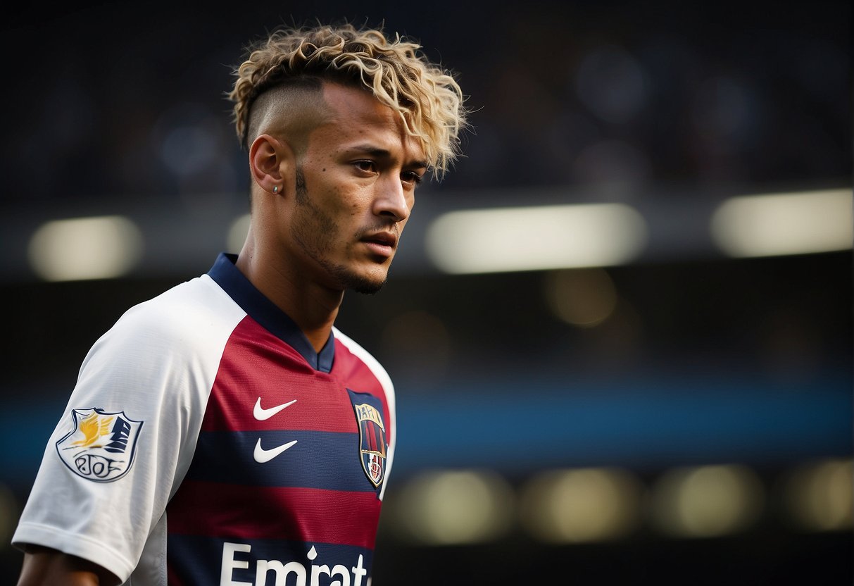 Neymar's hair is styled in a messy yet stylish manner, with loose curls falling around his face