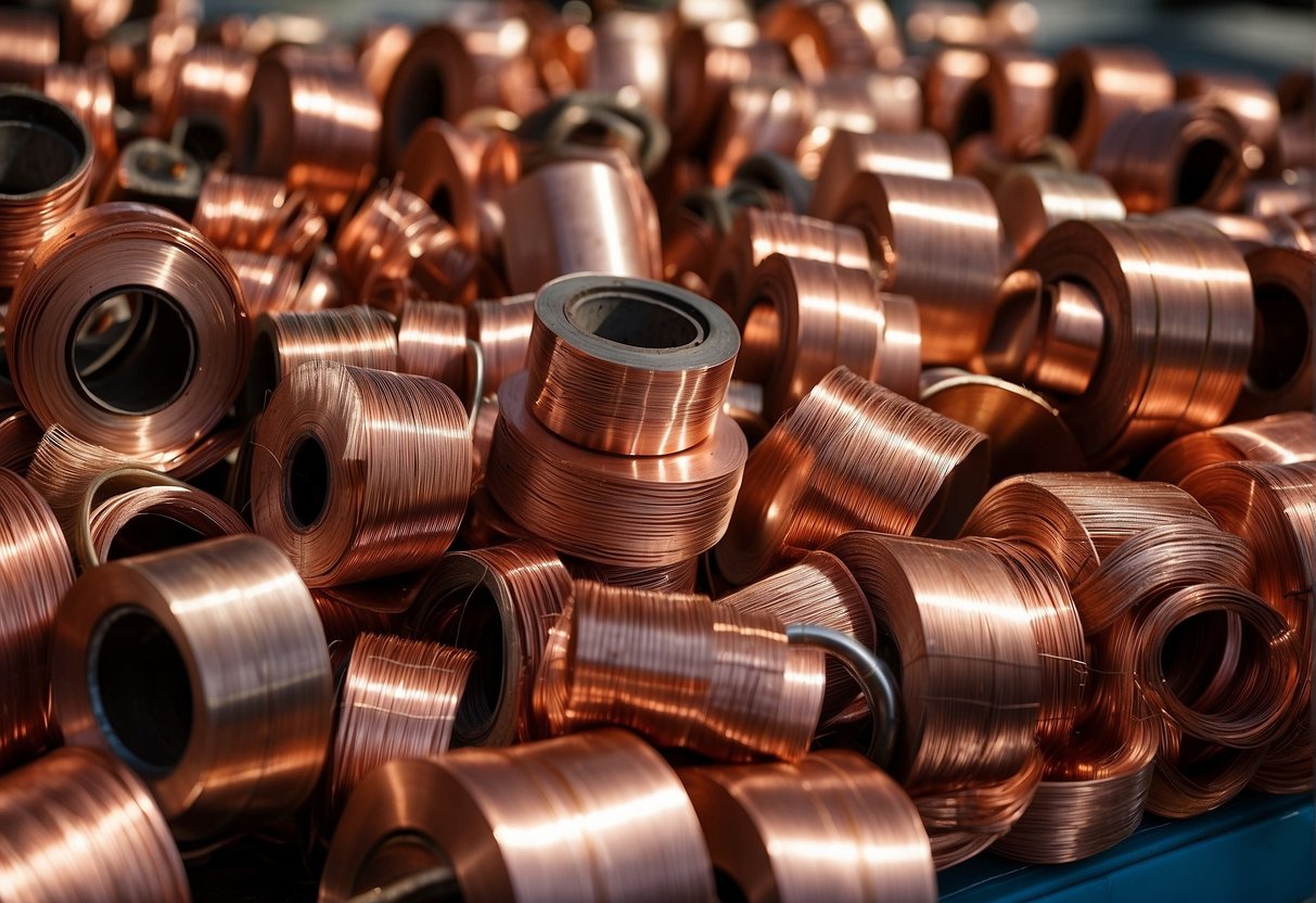 A pile of bare copper coils, glistening in the sunlight, surrounded by industrial machinery and tools