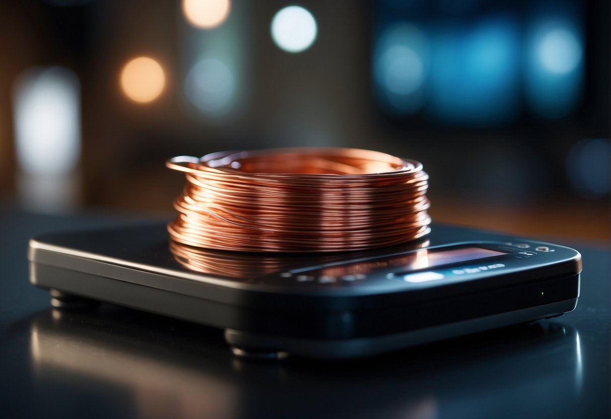A pile of stripped copper wire sits on a scale, with the current price displayed on a digital screen