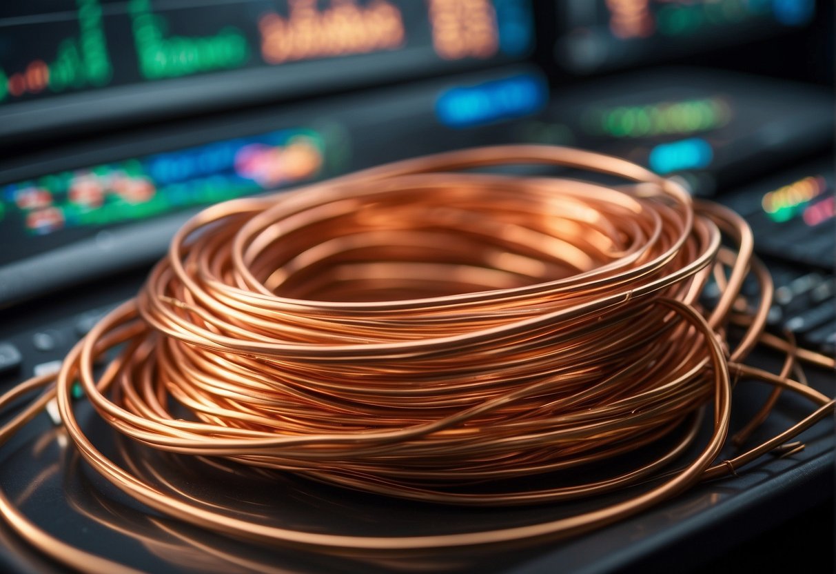 A pile of copper wires surrounded by fluctuating market graphs and economic indicators