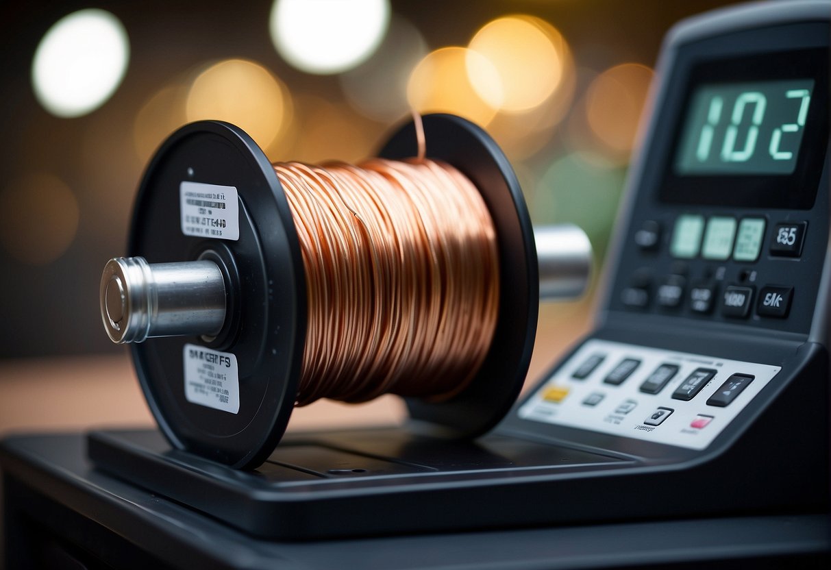 A copper wire spool sits on a scale with the current price displayed on a digital screen