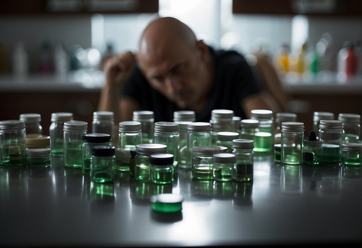 A person's hair falling out due to chemotherapy, with empty medicine bottles and a balding scalp