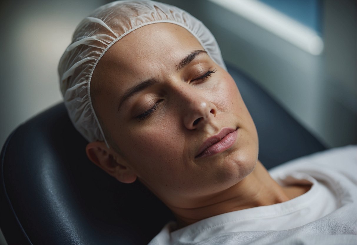A person receiving chemotherapy, their hair falling out in clumps