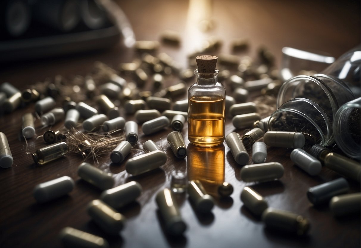 A pile of hair strands scattered on the floor, surrounded by empty chemotherapy medication vials and a mirror reflecting a bald scalp