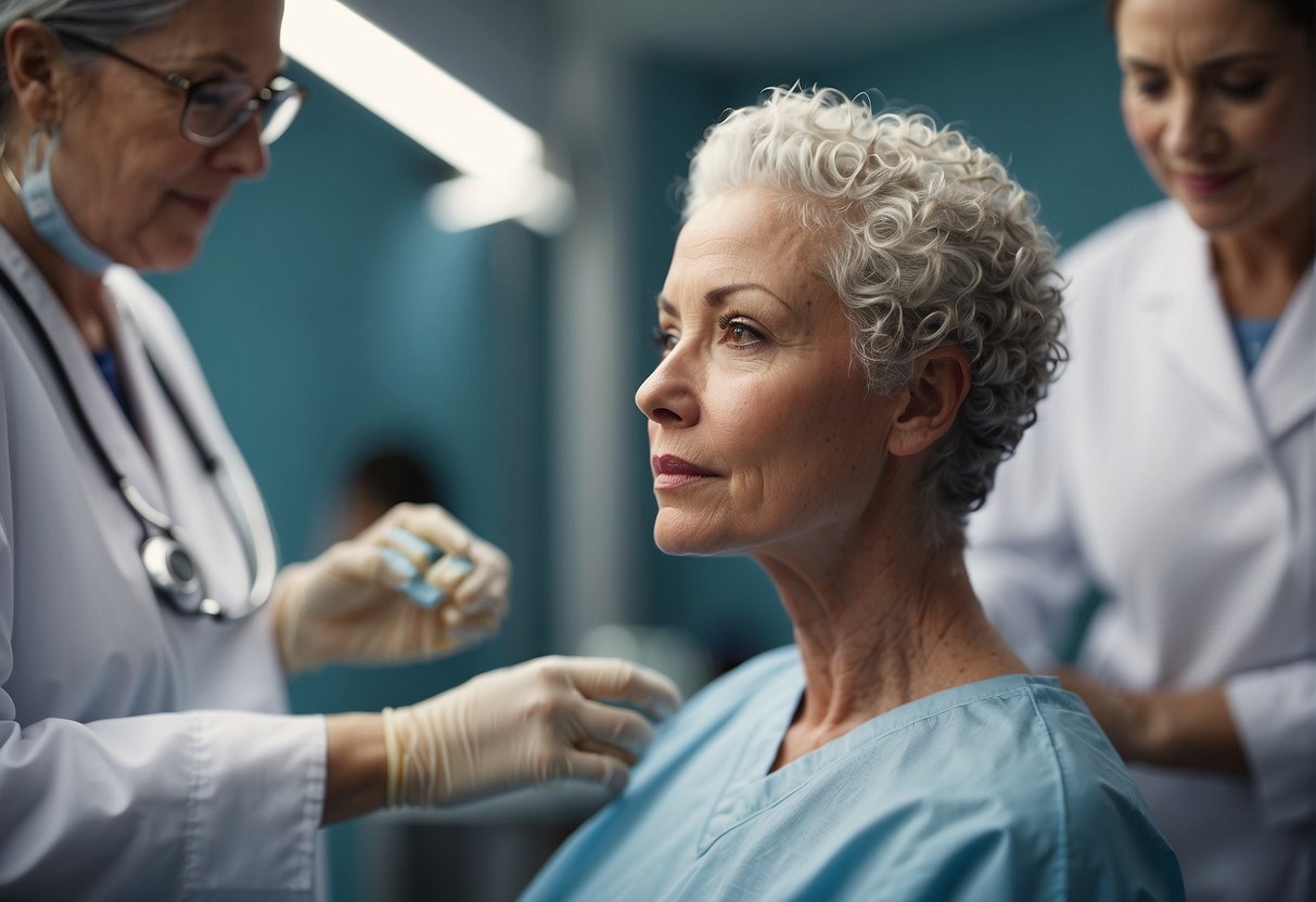 A patient receiving chemotherapy, hair falling out in clumps, surrounded by care and support
