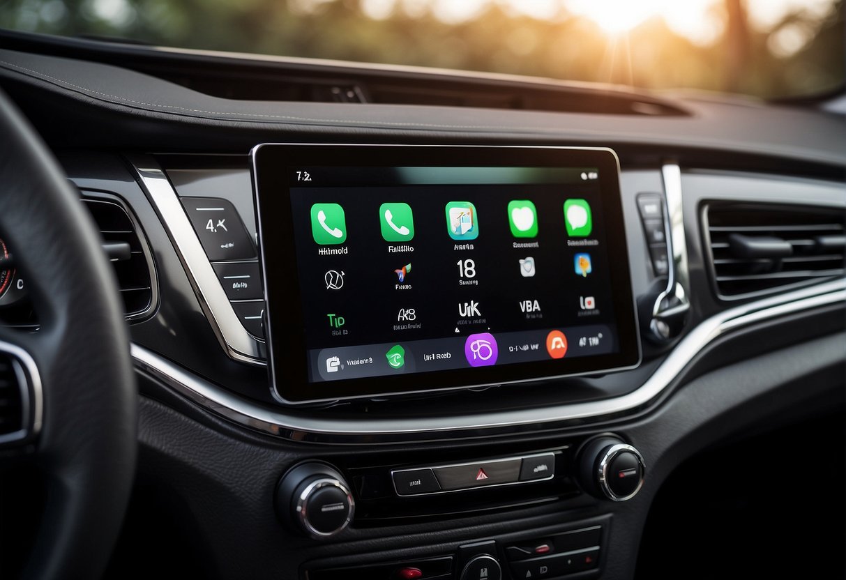 A car dashboard displays both Apple CarPlay and Android Auto logos, with a smartphone connected to the system via a USB cable