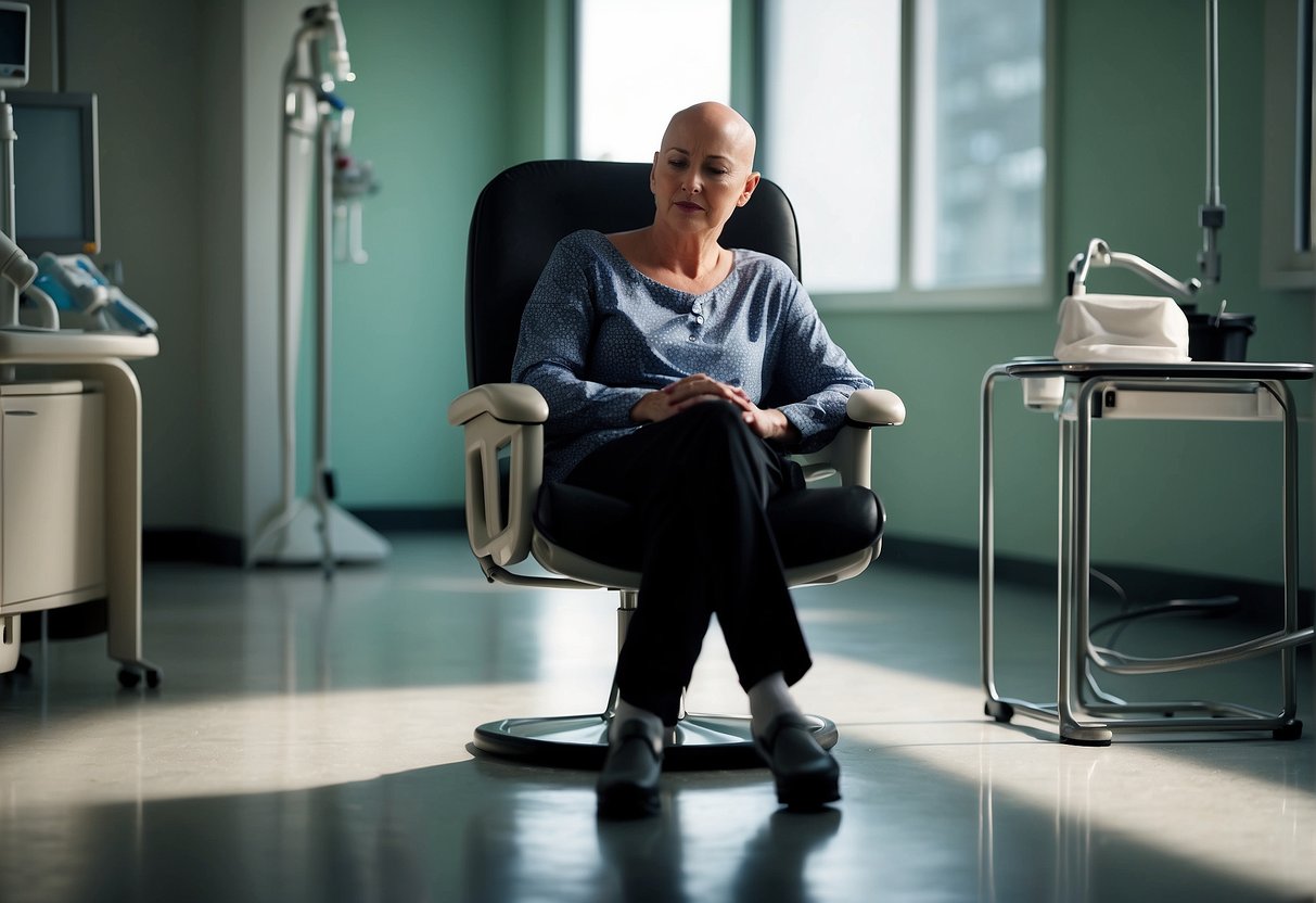 A person sits in a hospital chair, receiving chemotherapy. Hair falls out in clumps, covering the floor
