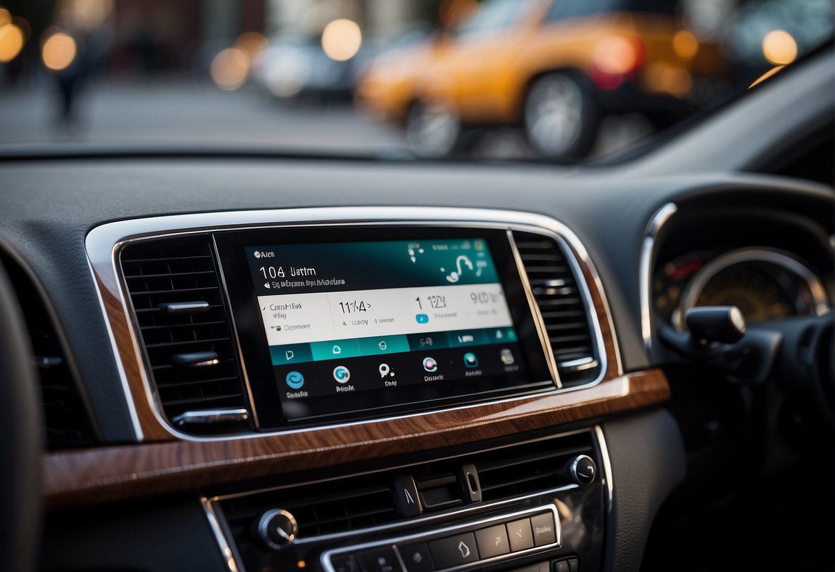 An android phone is shown connecting to an Apple CarPlay interface, with both devices displayed on a car dashboard