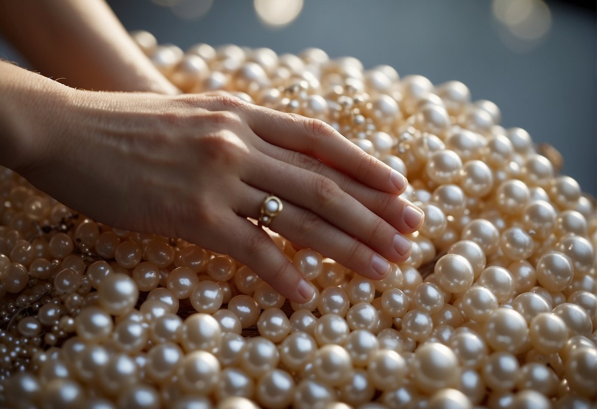 A hand reaches for a tube of glue, a pile of pearls, and a hair accessory