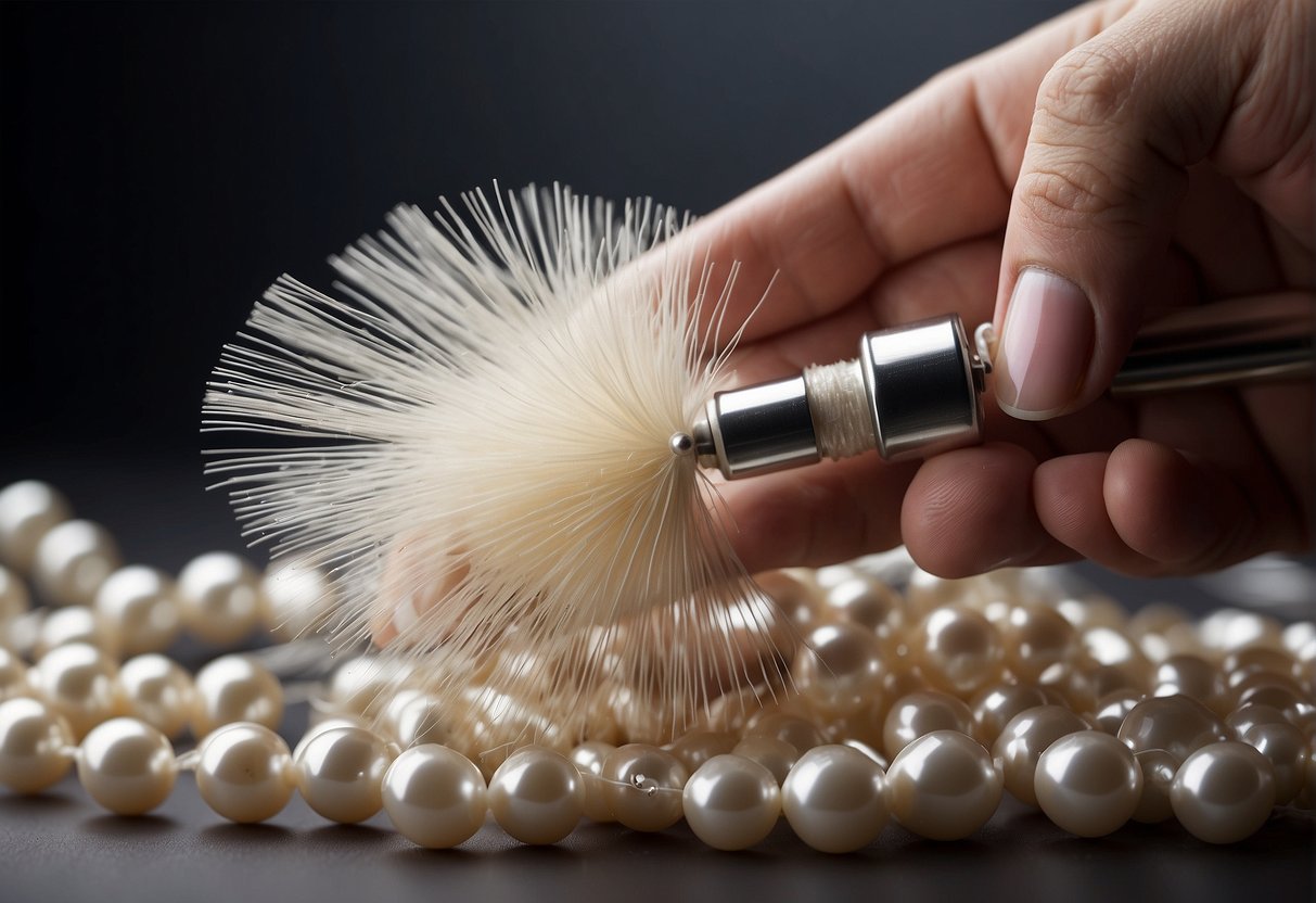 A hand holding a small tube of adhesive, with a strand of hair adorned with pearls being carefully pressed into place