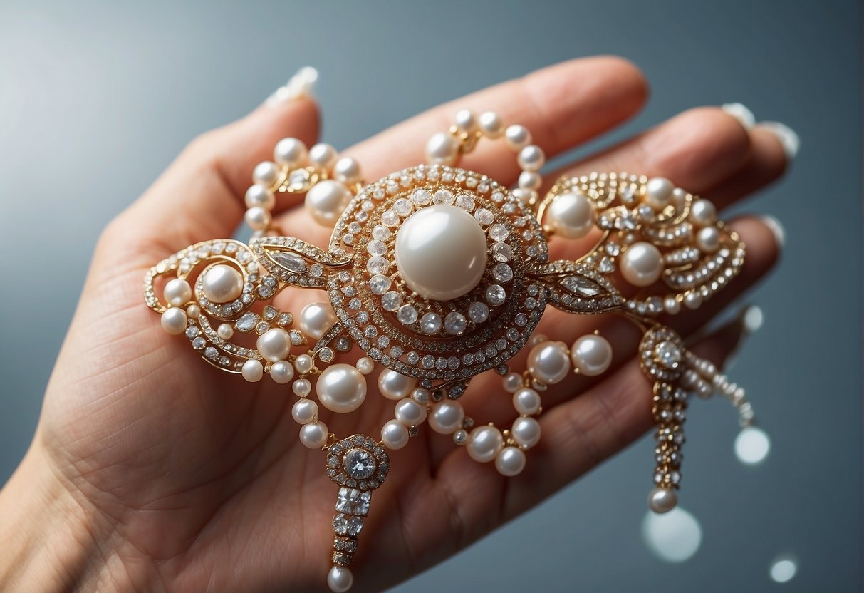 A hand holding a hair accessory with pearls, ready to be placed in hair