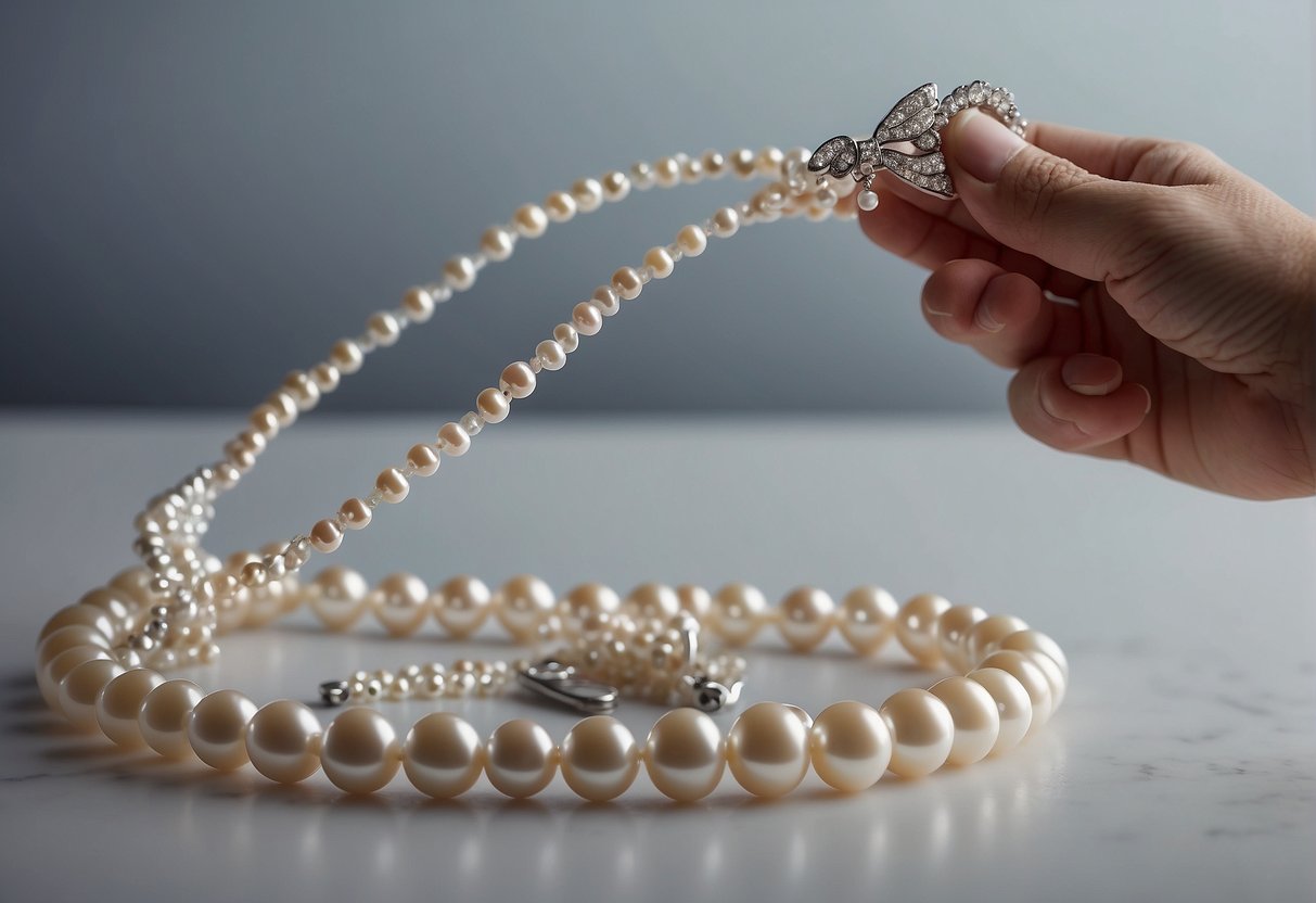 A hand holding a tube of clear adhesive next to a strand of pearls and a hair accessory