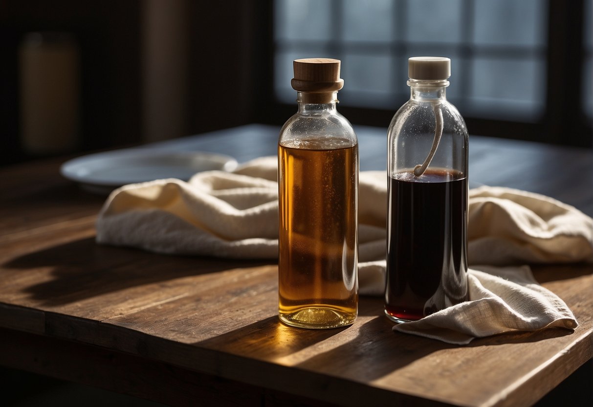 A bottle of vinegar and a cloth sit next to a stained surface, with a hair dye bottle nearby. The cloth is being used to wipe away the stain, as the vinegar helps to remove the dye