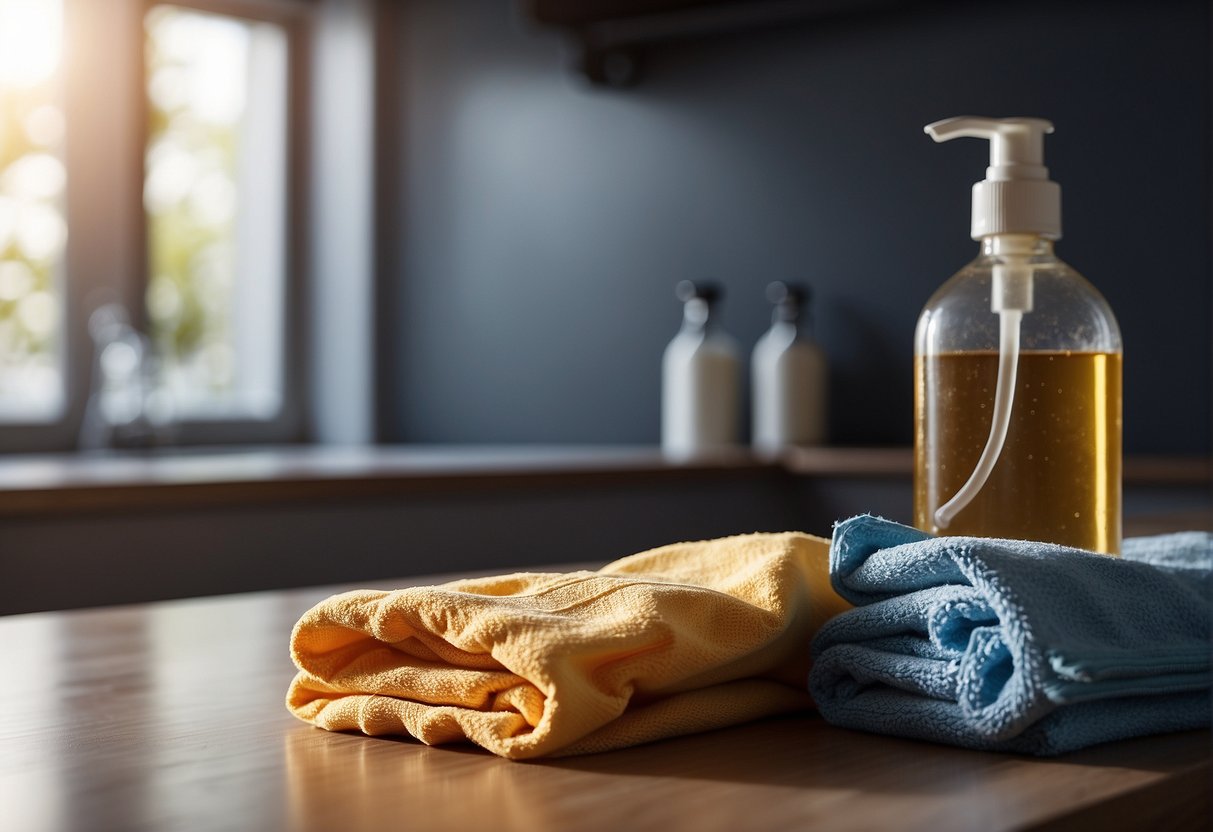 A bottle of stain remover sits next to a stained towel, while a pair of gloves and a protective apron hang on a hook